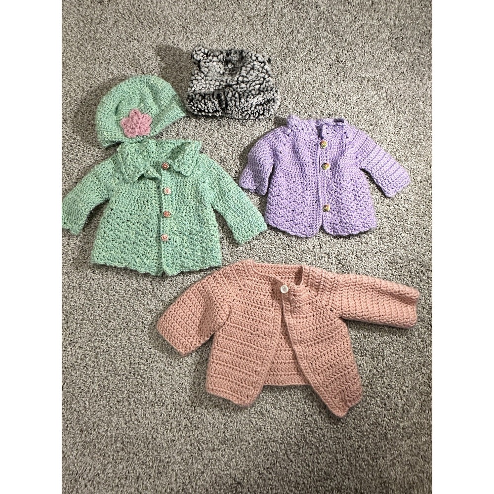 Lot Of 3 Homemade‎ Crochet Baby Sweaters, Hats And Cardigans.